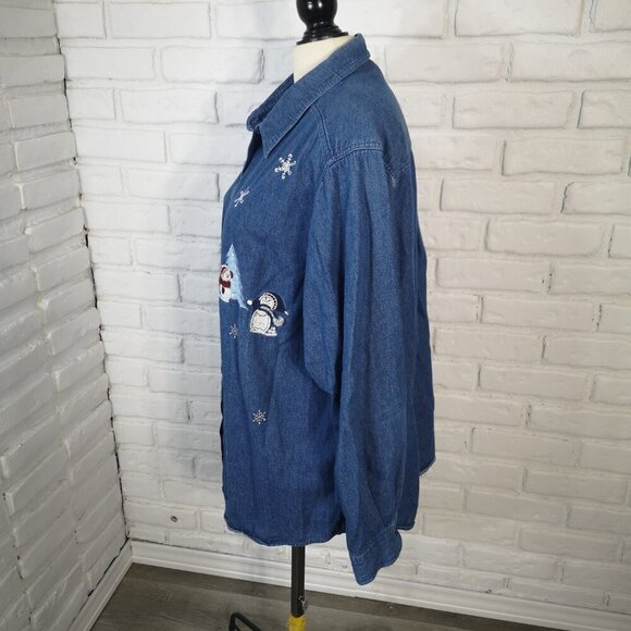 Penningtons Ladies Size 2X Winter Themed Button Front Jean Shirt - Picture 3 of 10